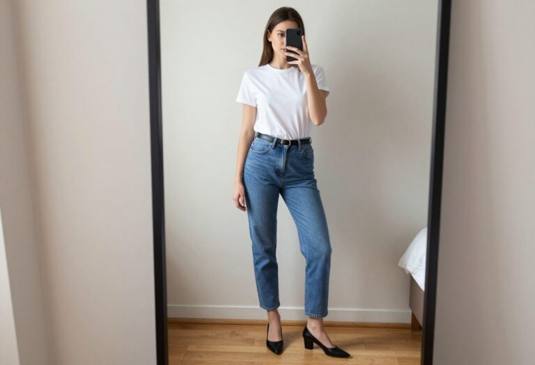Woman in straight-leg jeans and minimal black heels taking a mirror selfie, casual chic outfit