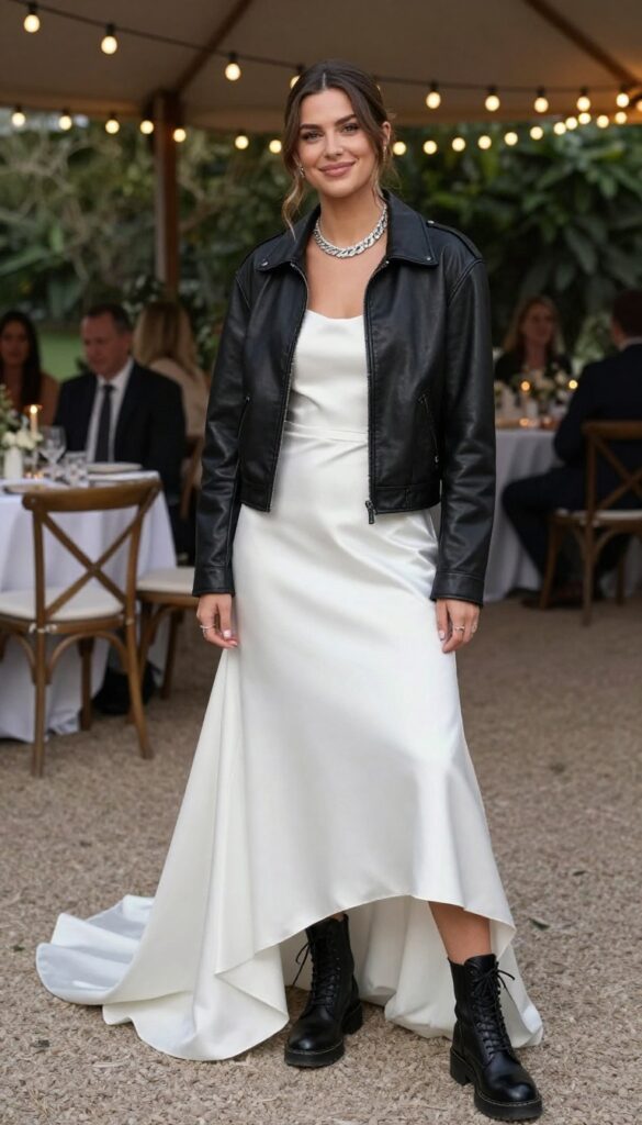 Woman in white satin wedding dress with cropped black leather jacket and combat boots at rustic evening reception with string lights