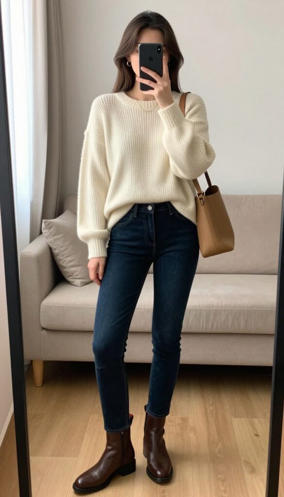 Woman in cream chunky knit sweater and dark skinny jeans taking a mirror selfie, wearing brown boots and tan crossbody bag.