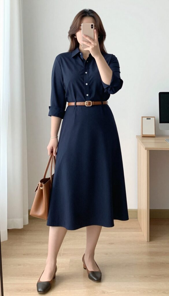 A woman in a navy midi skirt and white button-down shirt, sleeves rolled, leather belt, low heels, standing in a bright office or café.