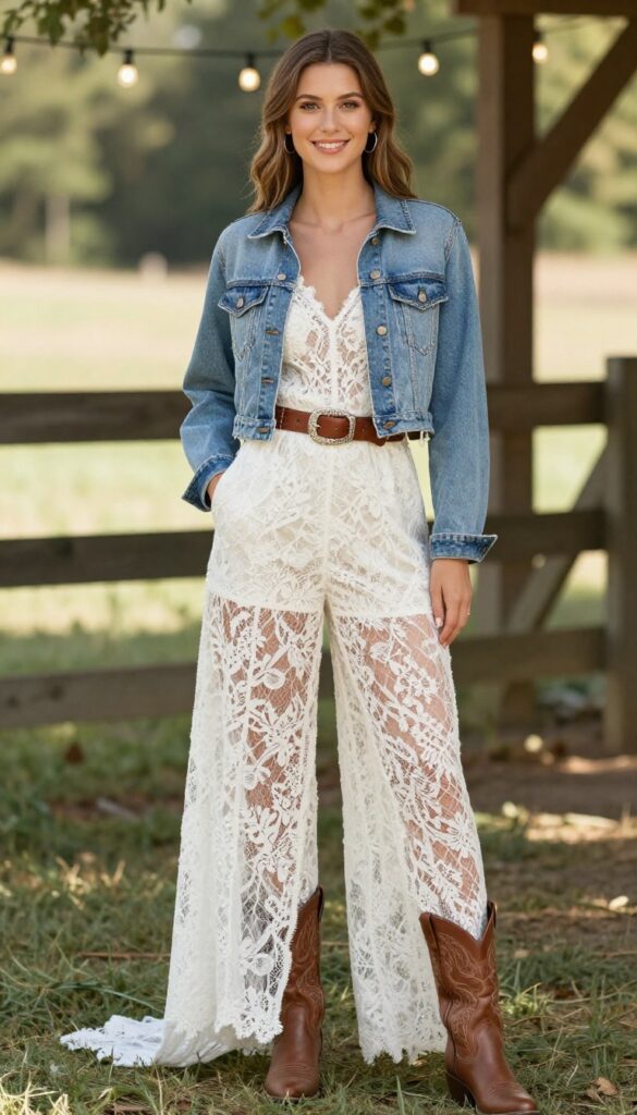 Woman in lace jumpsuit with western belt, denim jacket, and cowboy boots at rustic barn wedding venue
