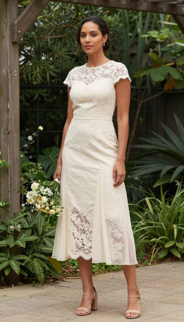 Boho lace wedding dress with detachable chiffon overskirt, worn by a bride in a garden setting
