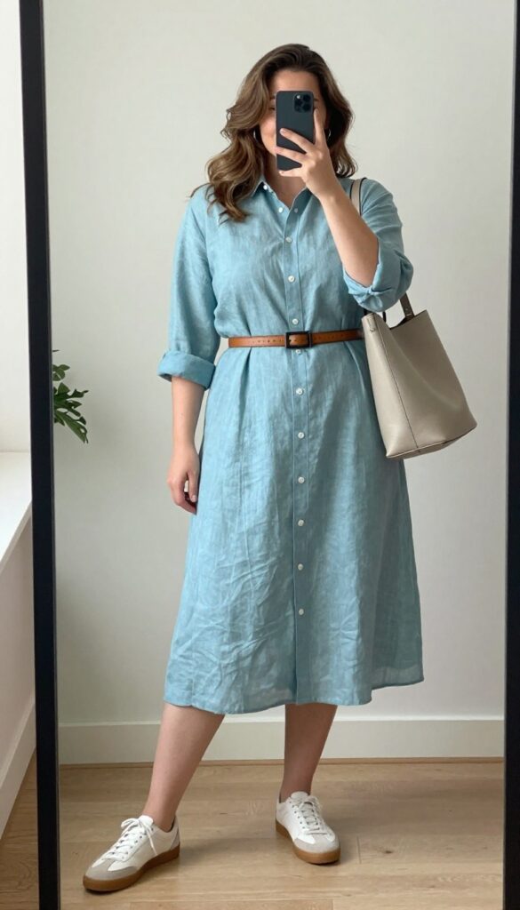 Plus-size woman in a midi button-down shirt dress with a belt, taking a mirror selfie, showing a polished teacher outfit.
