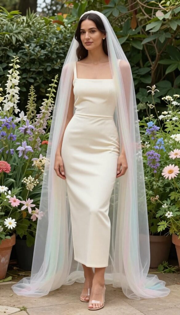 Adult woman in ivory mermaid wedding dress with pastel rainbow veil, standing in garden with pastel flowers, clear heels, stud earrings, natural makeup.