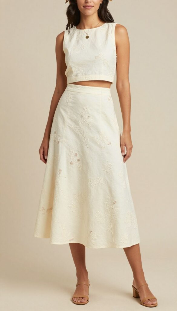 Warm ivory two-piece set with floral crown on a beach at golden hour