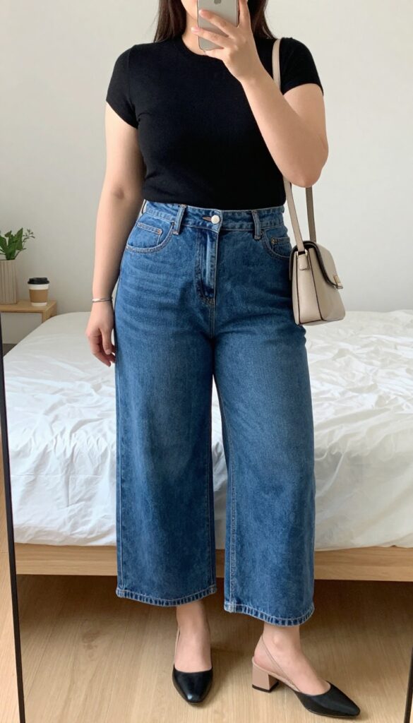 Woman in denim culottes and fitted knit top with block heels, taking a mirror selfie in a bedroom, phone partially covering face.