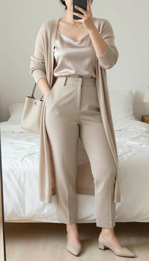 Woman in long cardigan as top with camisole and tailored trousers, pointed flats, and structured tote.