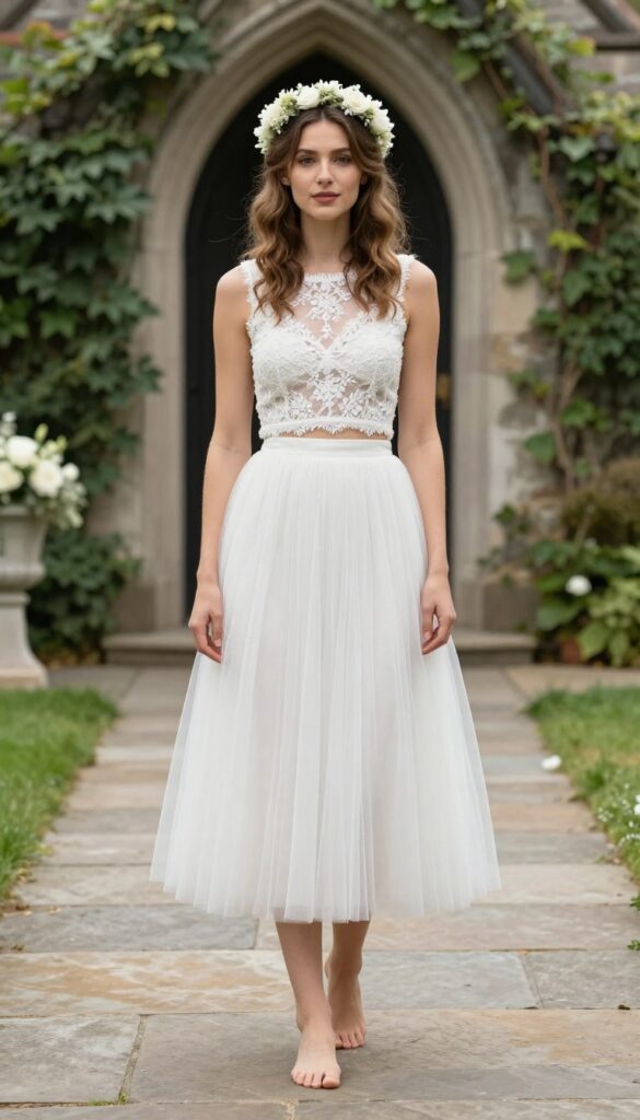 Bride in white lace crop top and tulle skirt at chapel