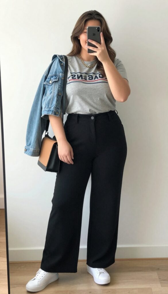 Plus-size woman in a graphic tee tucked into high-waisted wide-leg pants, white sneakers, and a crossbody bag, taking a mirror selfie in bright natural light.