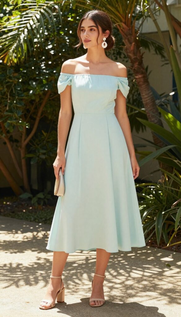 Woman in off-shoulder pastel midi dress with statement earrings and low bun at garden wedding