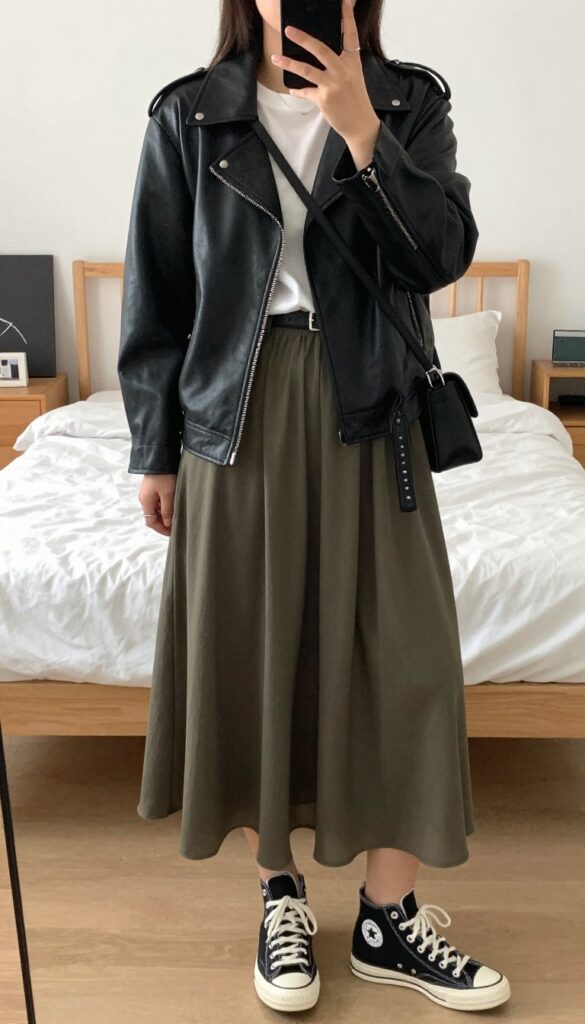 A woman in a black leather jacket, white tee, and flowy midi skirt with black Converse sneakers, standing in a casual urban setting.