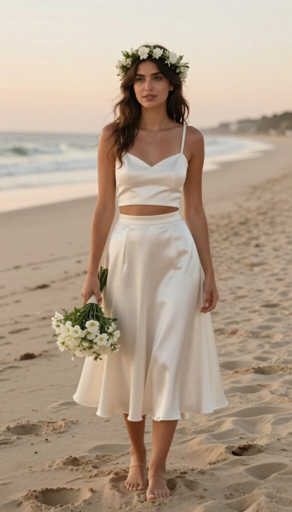 Bride in two-piece satin crop top and skirt set on beach at sunset