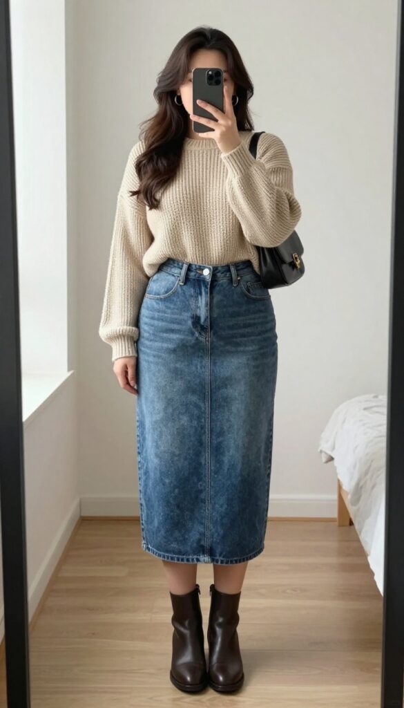 Plus-size woman taking a mirror selfie wearing a cropped oatmeal knit sweater, high-waisted denim midi skirt, ankle boots, small shoulder bag, and hoop earrings.