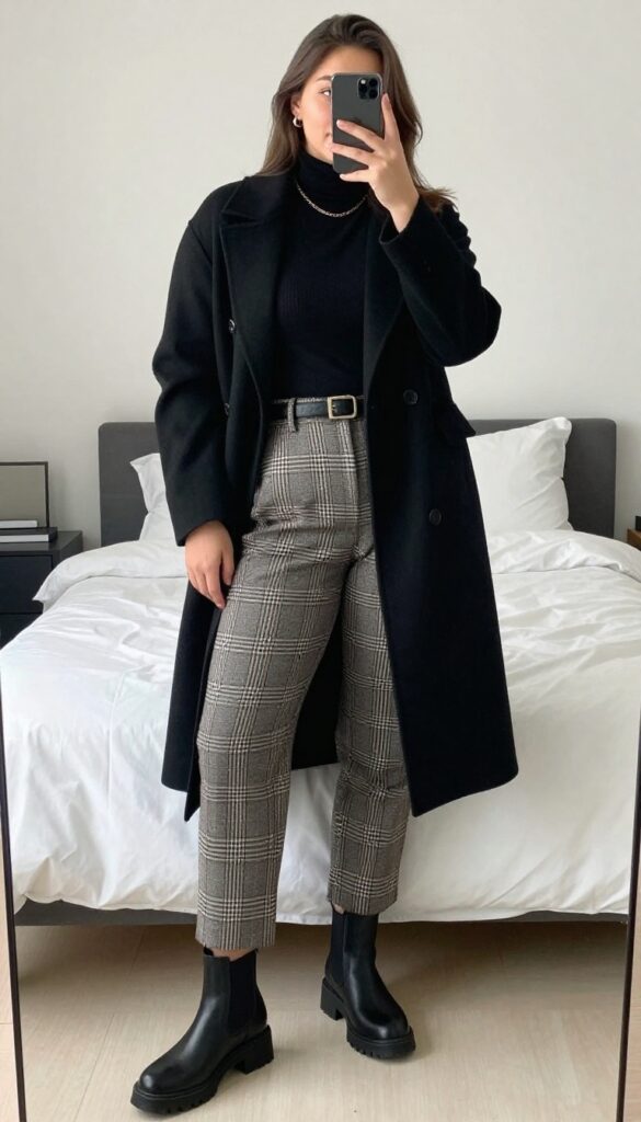 Black turtleneck and high-waisted plaid trousers outfit