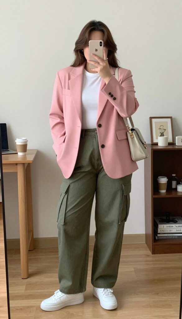 Woman in blush pink blazer and olive green cargo pants with white sneakers and crossbody bag, mirror selfie.