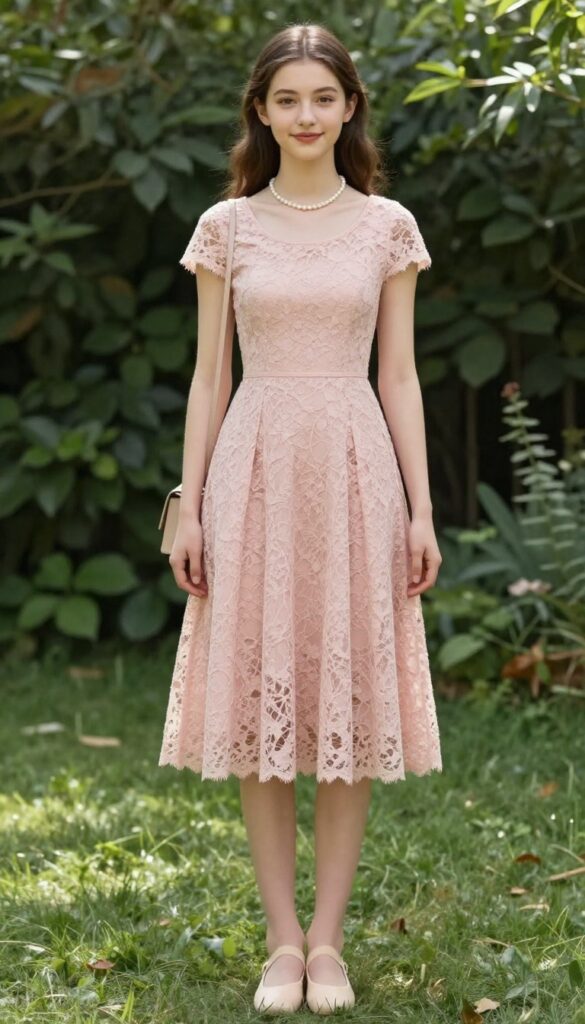 Teen in blush pink lace A-line dress with ballet flats and pearl necklace in garden