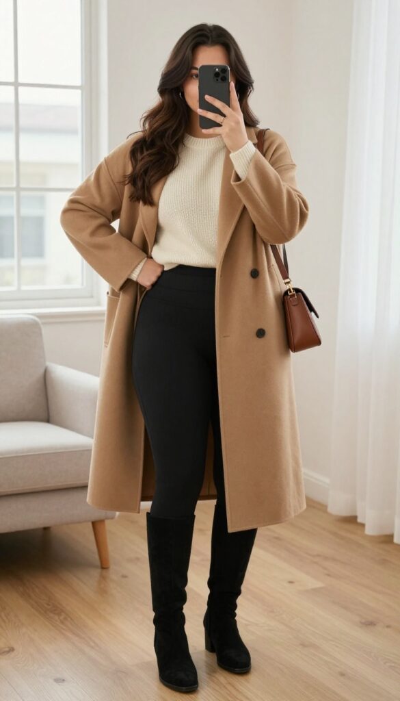 Plus-size woman in oversized cream sweater, black leggings, and suede boots, taking a mirror selfie in a bright bedroom.