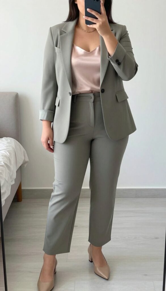 Woman in relaxed blazer over silk camisole with high-waisted pants, pointed flats, and chain necklace, standing in a bright room.