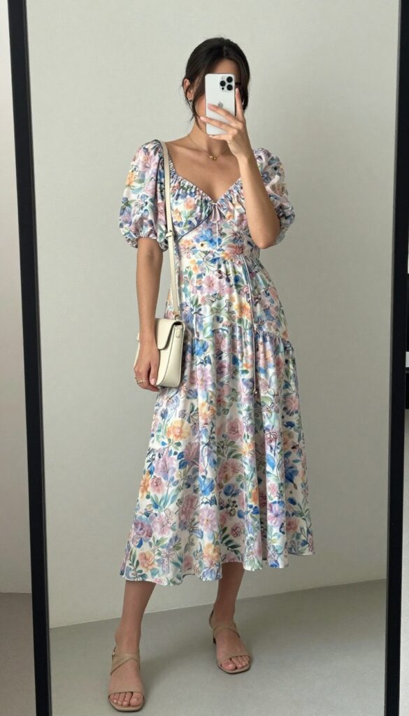 Woman in flowy floral midi dress and strappy sandals taking a mirror selfie, perfect for summer brunch.