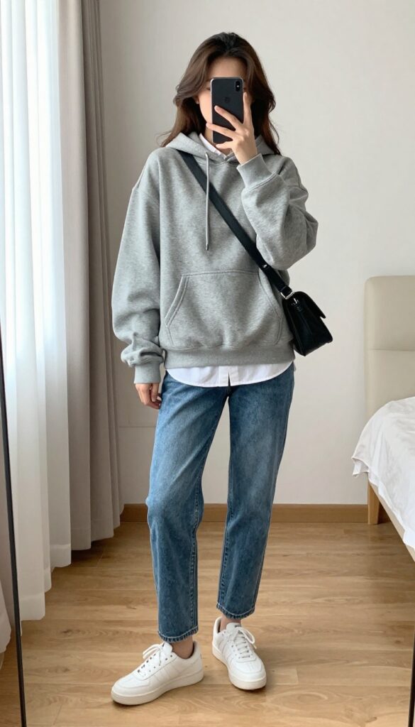 A woman takes a mirror selfie wearing an oversized gray hoodie over a white collared shirt, medium-wash straight-leg jeans, and white chunky sneakers, with a black crossbody bag.