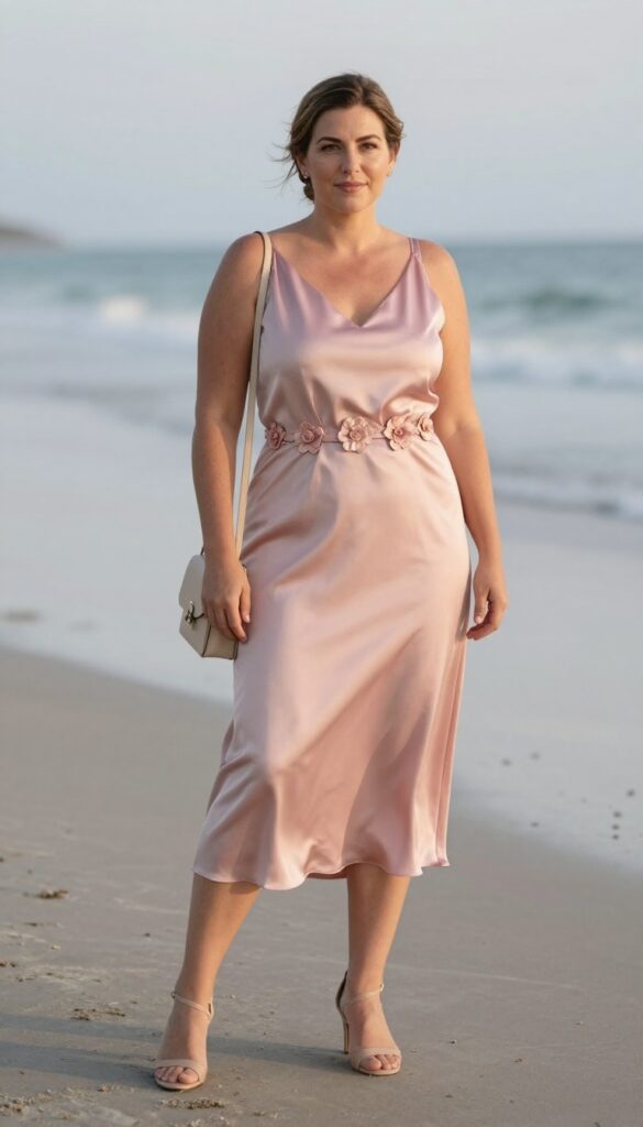 Pale pink satin midi dress with floral belt, nude heels, beige crossbody bag, loose low bun, beach sunset
