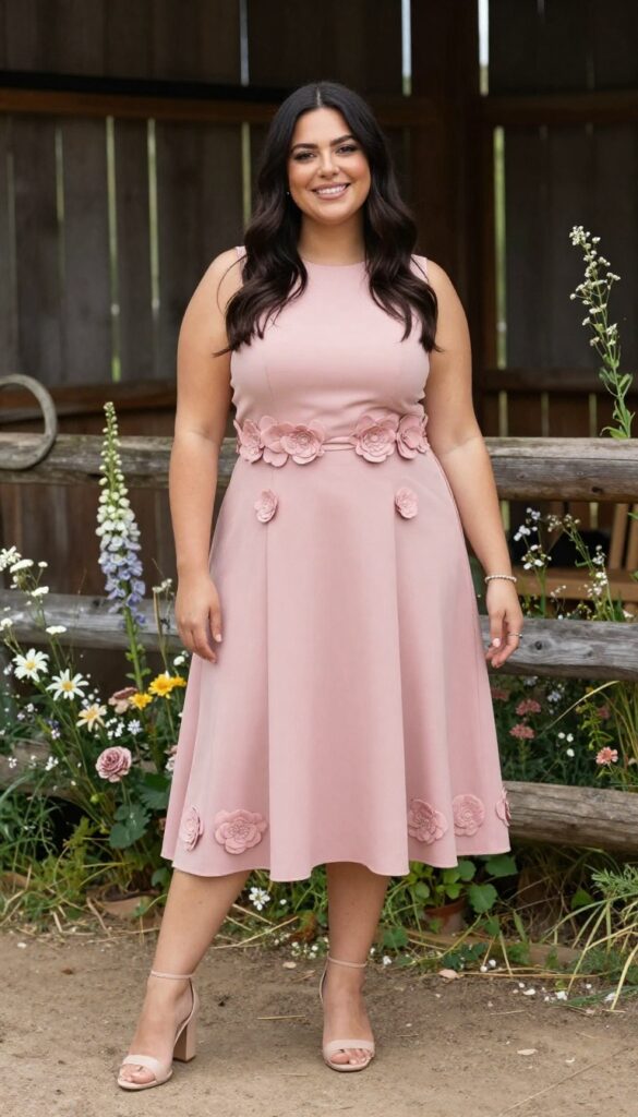 Woman in blush pink high-low hem dress with floral appliqués at barn wedding