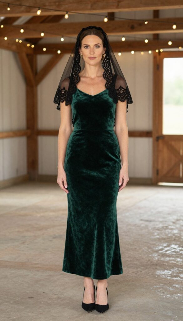 Woman in emerald green velvet dress and black mantilla veil at rustic barn wedding
