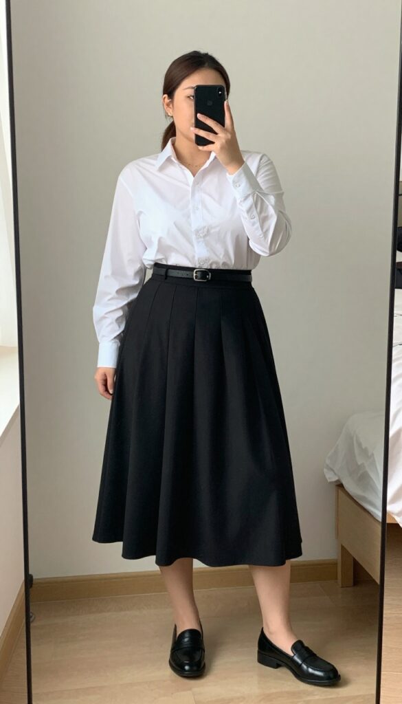 Plus-size woman in white button-down shirt and black pleated midi skirt with loafers, posing in mirror selfie