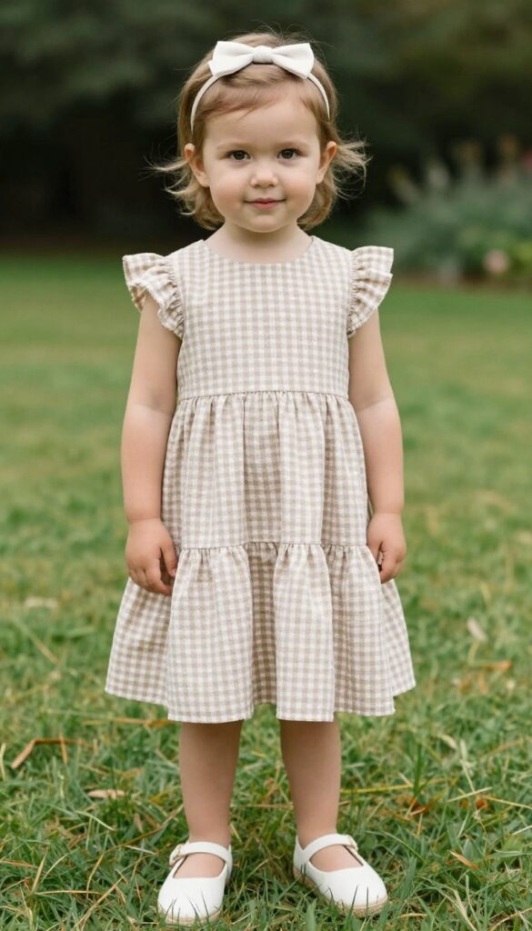 Baby girl in tiered gingham ruffle dress and espadrilles at garden wedding