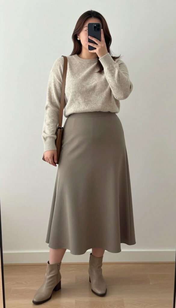 Woman in cashmere crewneck tucked into a flowy midi skirt, with ankle boots and crossbody bag, posing in a mirror selfie.