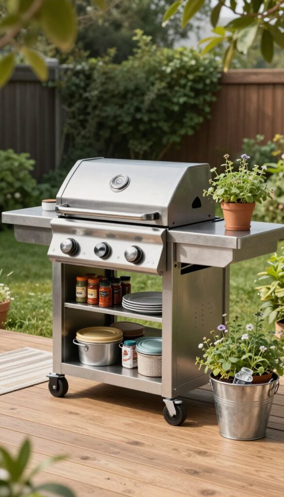 Compact grill station with built-in storage on a wooden deck, featuring stainless steel cart, herb garden, and outdoor rug.