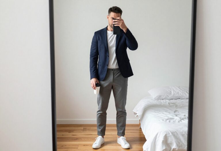 Man in navy blazer, grey chinos, and white sneakers taking a mirror selfie in a bright bedroom for a business casual outfit idea.