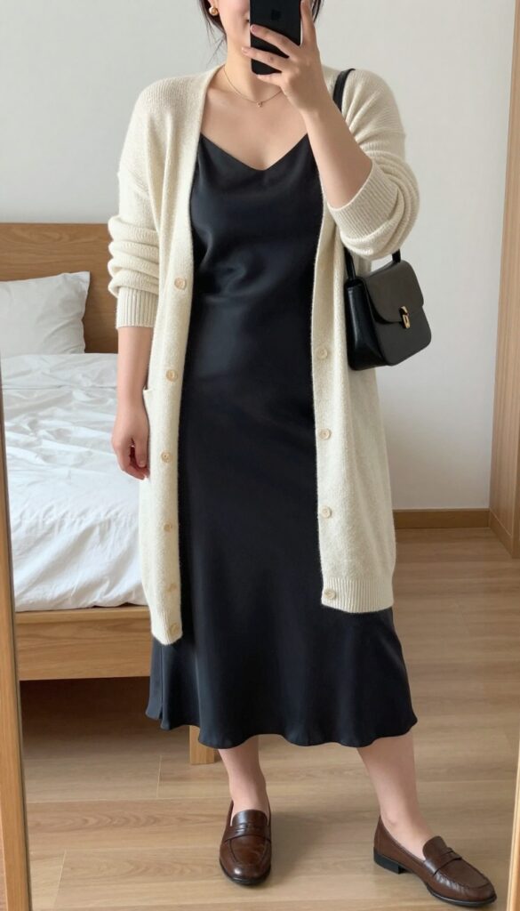 Oversized cardigan layered over slip dress with loafers and mini shoulder bag