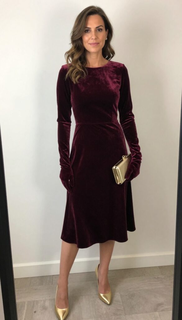 Young woman in a barn with string lights and wooden beams, wearing a burgundy velvet dress and velvet gloves, standing sideways looking over shoulder, holding gold clutch, warm evening light.