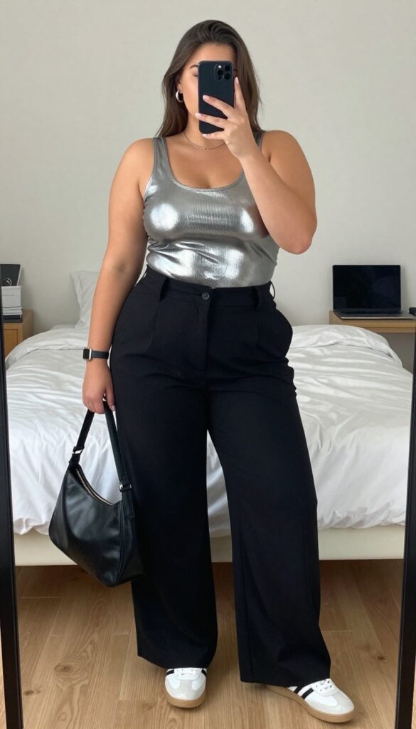 A woman wearing a silver metallic top tucked into black wide-leg pants and white sneakers, accessorized with silver hoops and a black crossbody bag, standing in a modern office setting.