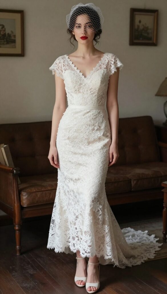 Woman in vintage lace wedding dress with birdcage veil and red lipstick, standing elegantly in a cozy vintage room