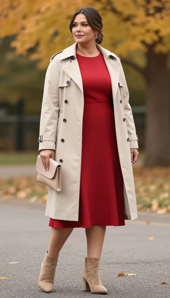 Woman in red wedding dress with beige trench coat and camel ankle boots in fall outdoor setting
