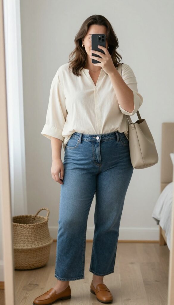Plus-size pregnant woman in maternity jeans and loose cream blouse, taking a mirror selfie in a bright bedroom.