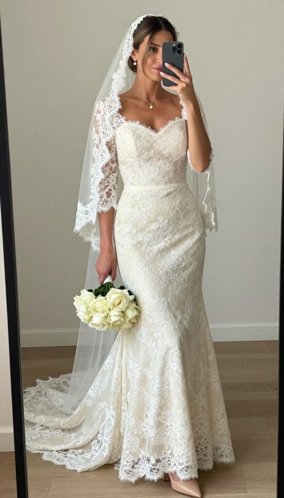 Woman in lace A-line wedding dress with cathedral veil in sunlit garden