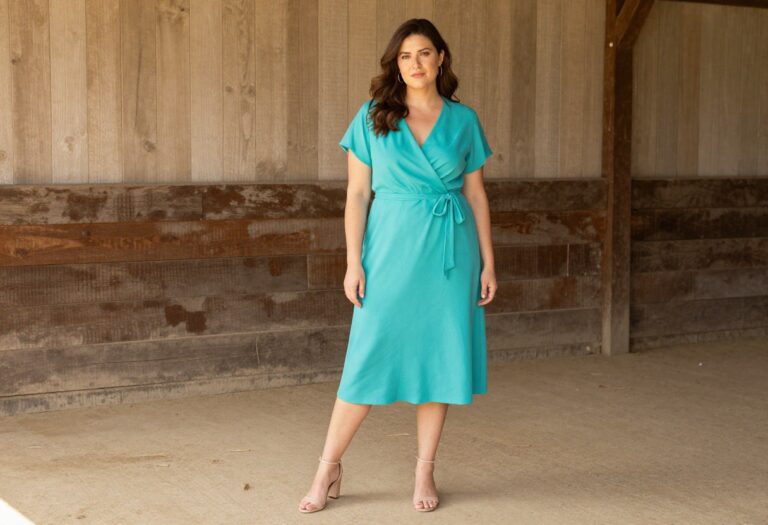 Woman in bold turquoise wrap dress for Western wedding guest outfit