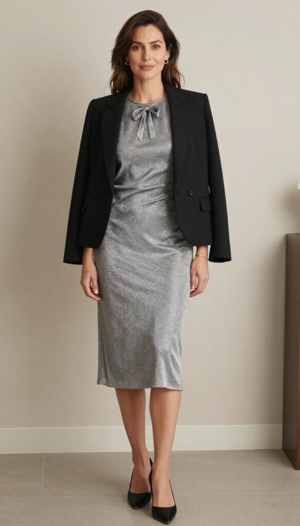 Woman in her 30s wearing a silver slip glitter dress with a bow at the neckline and a black structured blazer, minimal gold jewelry, and black pointed-toe heels, standing confidently in an elegant indoor setting.