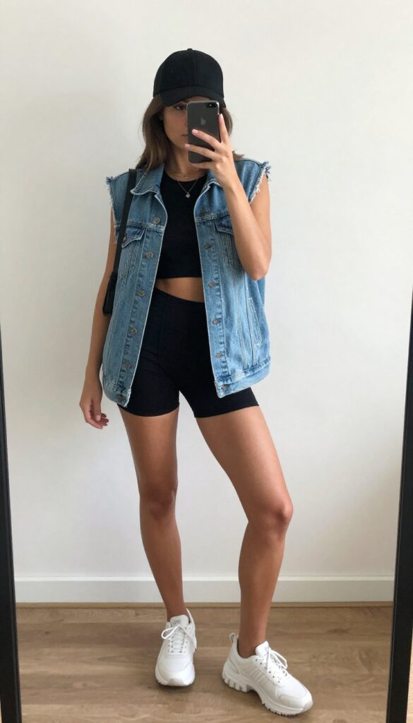 Woman in oversized denim vest, black biker shorts, and chunky sneakers taking a mirror selfie.