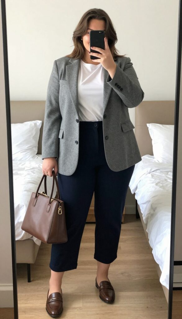 Woman in white tee, cropped trousers, and unstructured blazer, standing in a bright office or cafe setting.