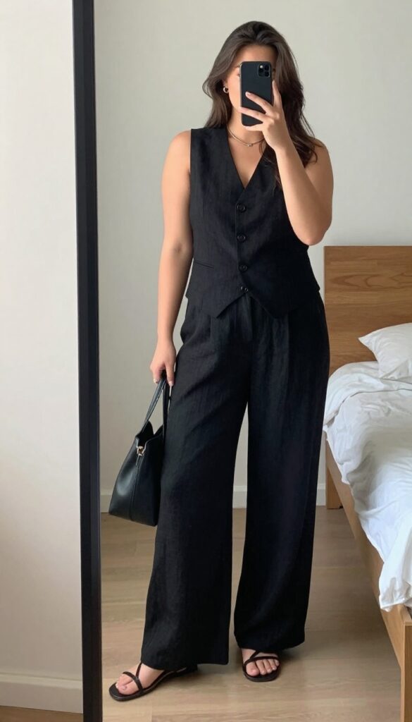A woman in a sleeveless vest and wide-leg pants with sandals, standing in a bright, airy setting.