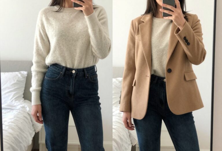 Woman in jeans and blazer taking mirror selfie for business casual outfit inspiration