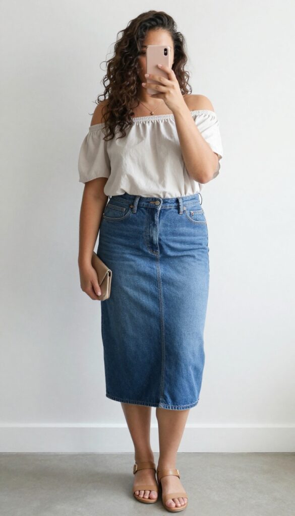 Plus-size woman in off-shoulder top and A-line jean skirt, taking a mirror selfie, casual chic outfit for dates or outings.