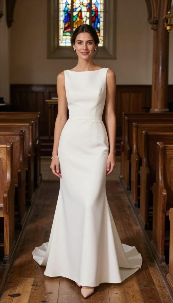 Woman in white crepe wedding dress with large back bow, standing in chapel aisle, low chignon, pearl studs, natural makeup.