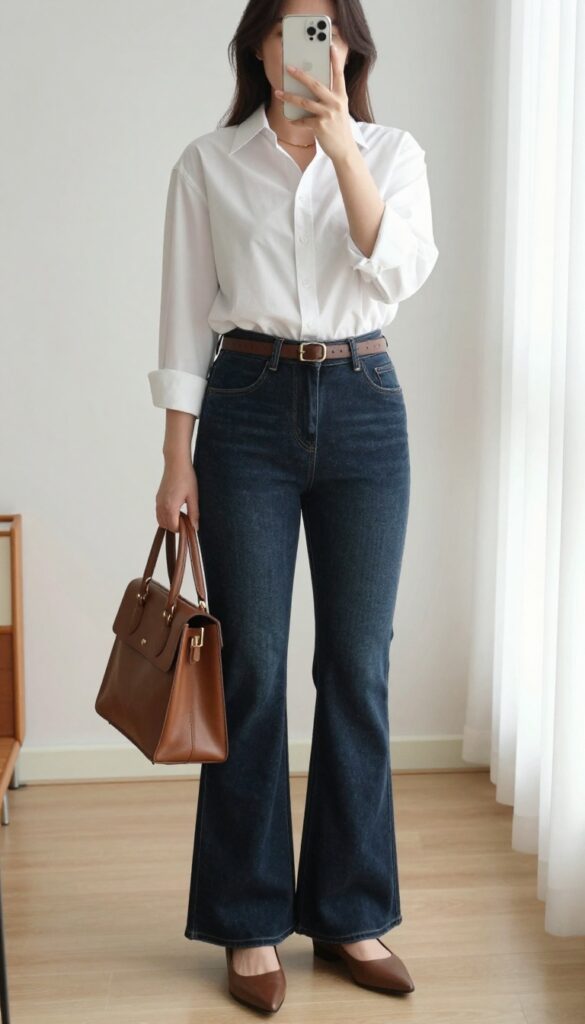 Woman in dark high-waist flare jeans, tucked white button-down, and leather belt, posing in a mirror selfie.