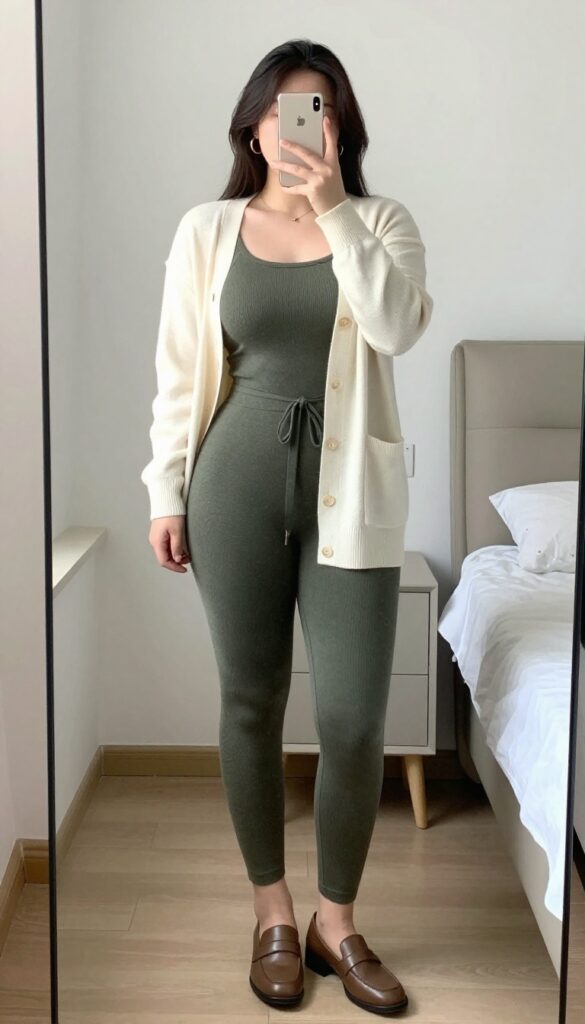Pregnant woman in a knit jumpsuit with cinched waist, layered with a longline cardigan, standing in an office setting.