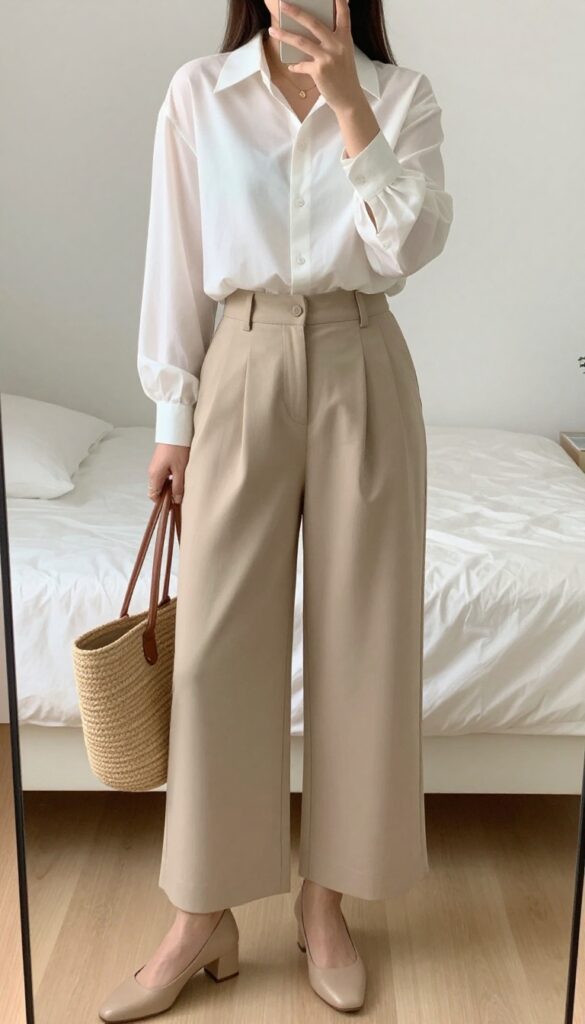 Woman in ivory blouse and beige culottes with nude heels and straw tote